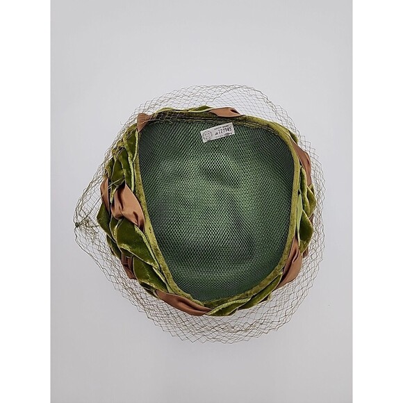 VTG Hat Union Made Olive & Brown Velvet & Satin Shell Hat with Veil Netting main image 5